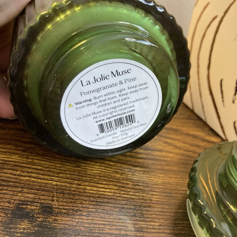 La Jolie Muse Pomegranate and Pine Luxury Soy Wax Candle 11oz‎ Green Glass